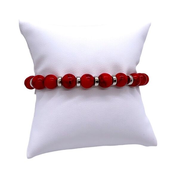 NWT Wool + Pepper Co. Red Turquoise + Silver Beaded Bracelet - Picture 2 of 4